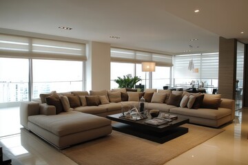 Modern minimalist living room neutral color palette white modular sofa wooden paneled walls open shelf alcove decorative items