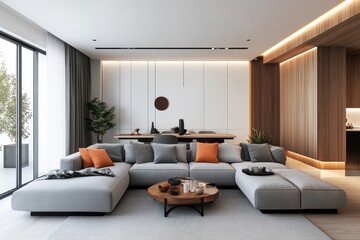 Modern minimalist living room neutral color palette white modular sofa wooden paneled walls open shelf alcove decorative items