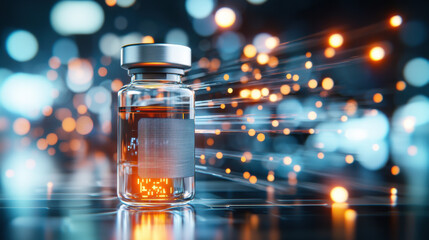 close up of vaccine vial with QR code, illuminated by vibrant lights, symbolizes innovation in healthcare and technology. dynamic background enhances modern feel