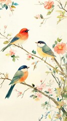 Obraz premium Watercolor Painting of Three Birds Perched on Blooming Branches