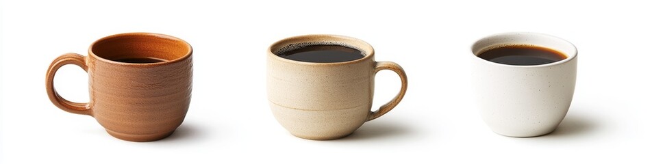 Three mugs of coffee in different colors.