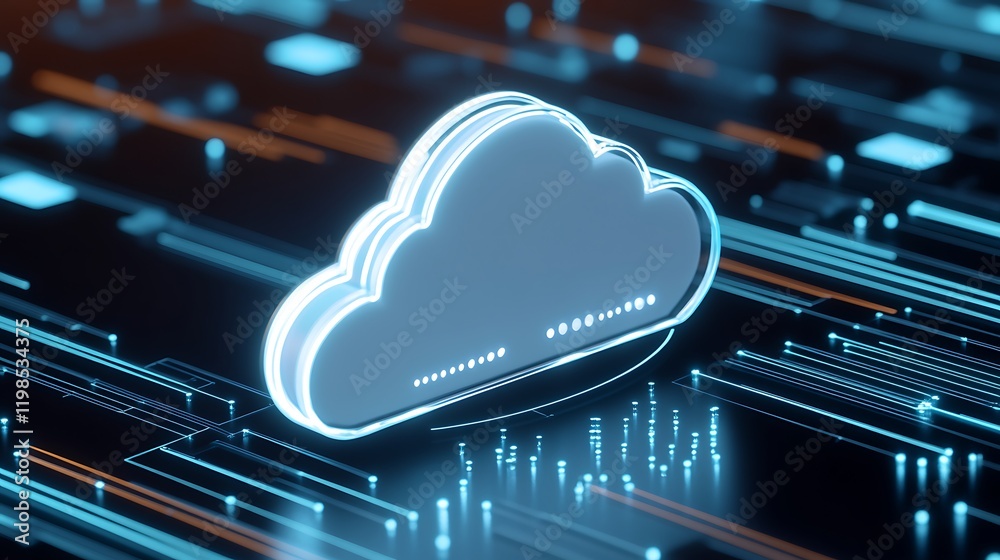 Poster digital cloud computing concept with futuristic data lines and glowing neon effects on dark backgrou