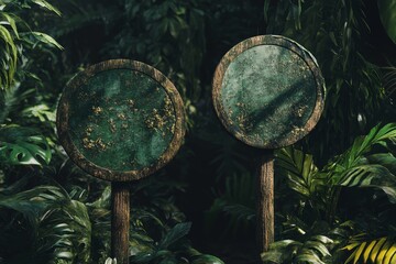 Fototapeta premium Two weathered, round wooden signs in lush jungle foliage.