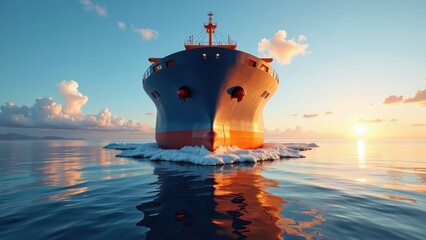 Fototapeta premium A majestic cargo ship glides over island waters, its mirrored form dancing on the surface beneath it, captured from eye level with a grandeur-filled ambiance