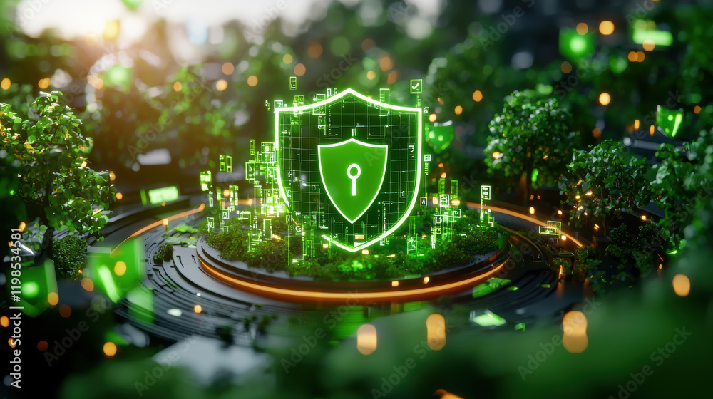 Poster futuristic digital shield symbolizing cybersecurity, surrounded by green trees and glowing elements,