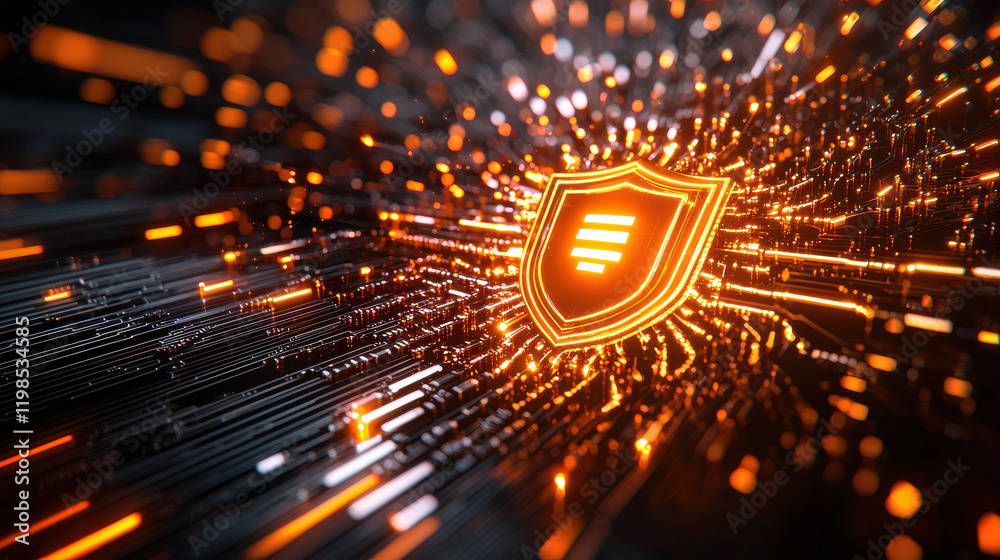 Leinwandbilder Futuristic digital grid with glowing shield symbolizing cybersecurity and protection. vibrant orange and black colors create dynamic and energetic atmosphere