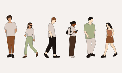 flat minimal people male and female vector illustration in spring summer clothing with outline concept isolated set collection. For architecture rendering, graphic design, info graphic, media