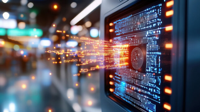 futuristic vaccination booth with digital interface and data flow, showcasing advanced technology and innovation in healthcare. vibrant colors and glowing elements create dynamic atmosphere - Powered by Adobe