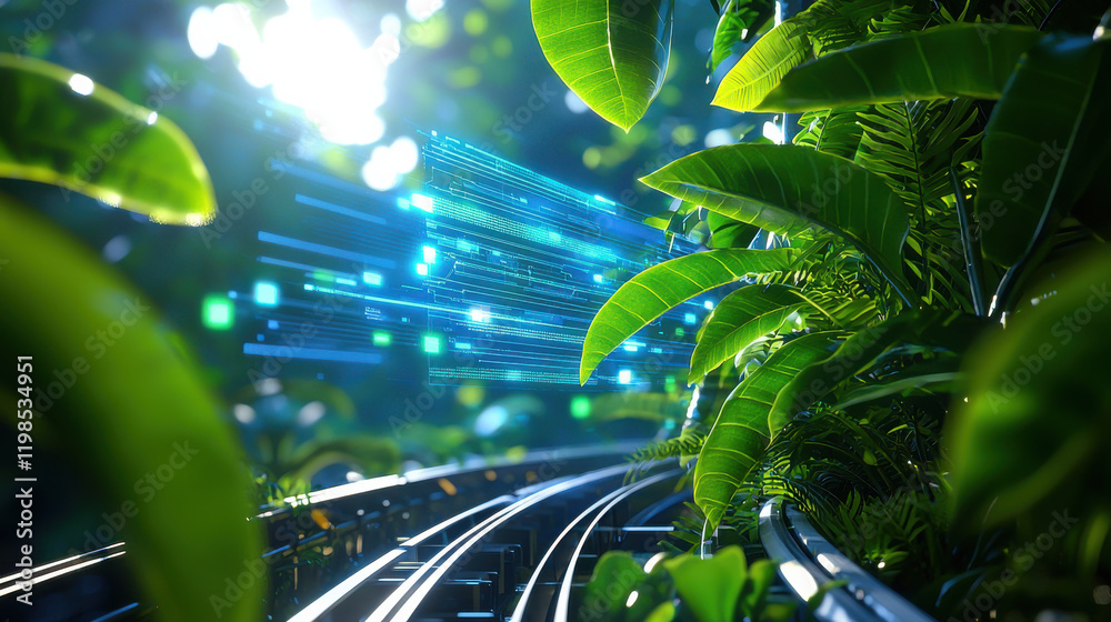 Poster vibrant scene of futuristic railway track winding through lush greenery, with digital elements sugge