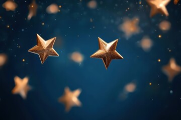 Golden Stars on Dark Blue Background with Bokeh Effects, Festive and Elegant Decoration.
