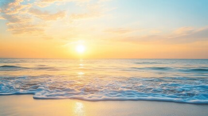 Obraz premium Golden Sunrise over Calm Ocean Waves on Sandy Beach, Tranquil Morning Seascape.