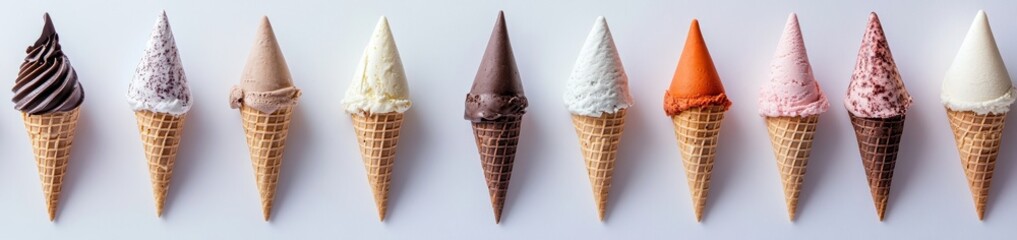 Ten assorted ice cream cones in a row on a white background.
