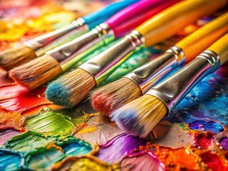 Colorful Watercolor Paintbrushes and Palette Close-up Stock Photo