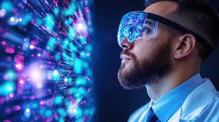 doctor wearing augmented reality glasses observes digital data visualizations, showcasing advanced technology in healthcare. scene highlights innovation and futuristic medical practices