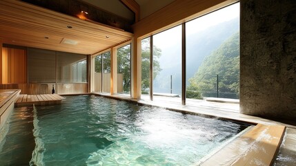Relaxing japanese onsen experience amidst nature's beauty tranquil indoor pool scenic mountain view