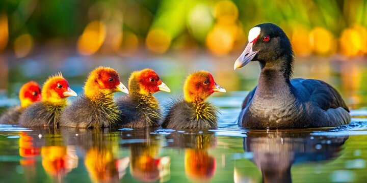 Common Coot Family Swimming in Bhigwan, Maharashtra - Macro Photography