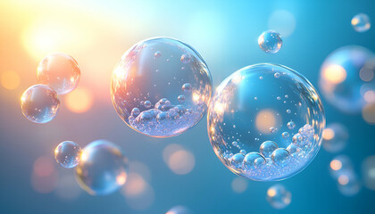 Floating bubbles, sunlit sky, skincare ad
