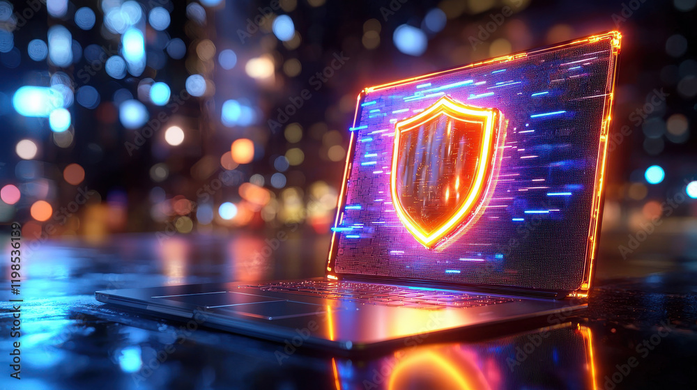 Poster glowing shield icon emerges from laptop, symbolizing digital security and protection in vibrant urba