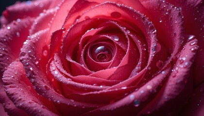 A mesmerizing macro shot of a rose petal, magnified to show intricate details and water droplets acting as tiny lenses refracting light.