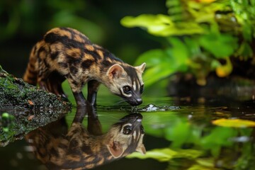 Obraz premium Captivating Scene of a Striped Mammal Near Water Source Surrounded by Lush Greenery in a Tropical Environment Showcasing Animal Behavior and Habitat