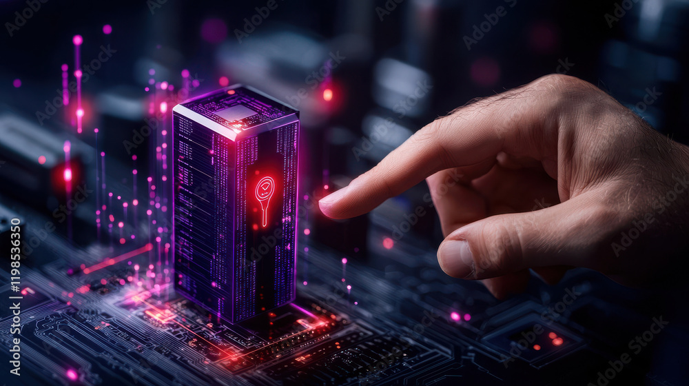 Poster hand reaching towards glowing data server on circuit board, symbolizing secure data access and technology. vibrant colors and digital elements create futuristic atmosphere