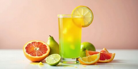 Fototapeta premium Refreshing Layered Citrus Beverage with Sliced Fruits and Sugar Rim