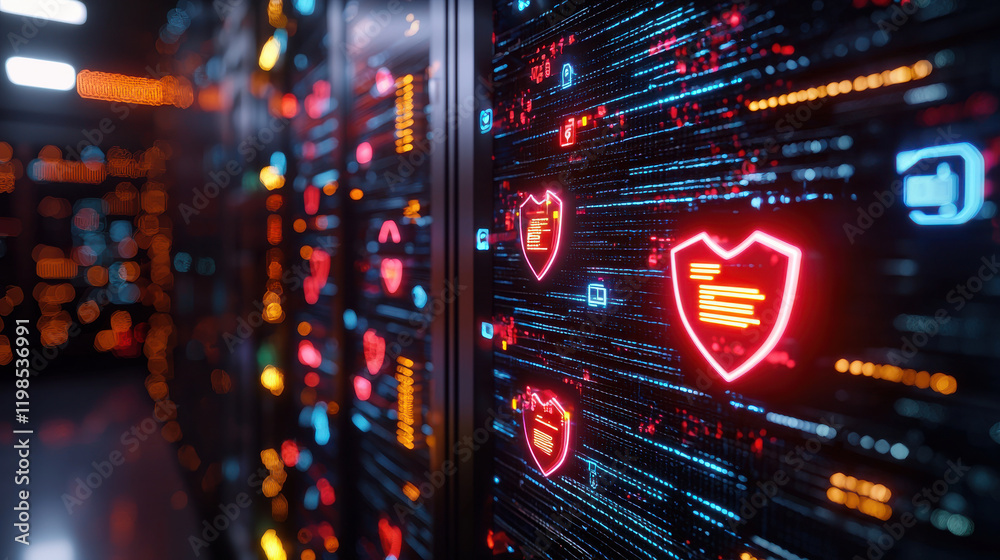 Fototapete futuristic firewall protecting digital data with vibrant neon graphics, showcasing security and technology in modern server environment