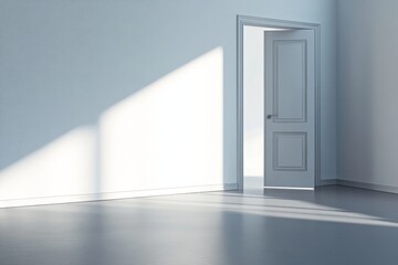 Open door in an empty room with sunlight streaming in.