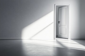 Sunlight streams into an empty room, illuminating a slightly ajar white door.