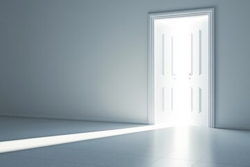 Open door emitting bright light in a white room.