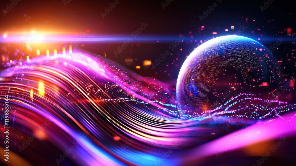 Poster Abstract image representing global economic shifts with vibrant colors, dynamic waves, and globe symbolizing interconnectedness and change in digital age