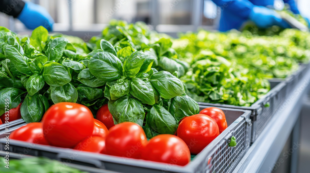 Leinwandbilder fresh basil and ripe tomatoes in modern vegetable sorting line, showcasing vibrant colors and health