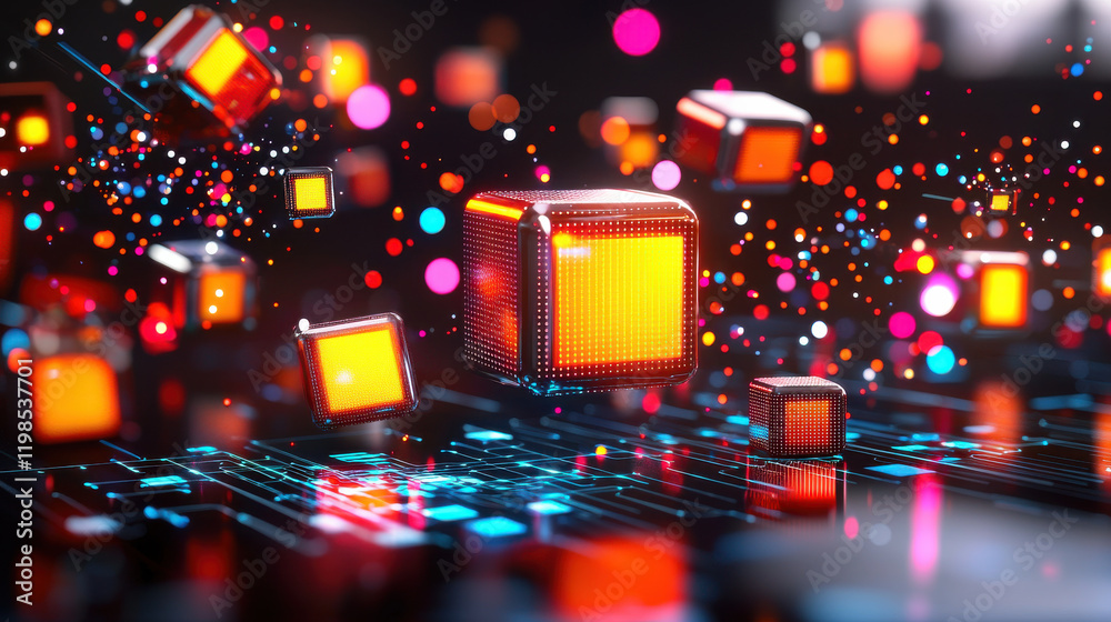 Aufkleber Digital technology devices with glowing elements and vibrant colors create futuristic atmosphere. image showcases dynamic scene filled with colorful particles and illuminated cubes