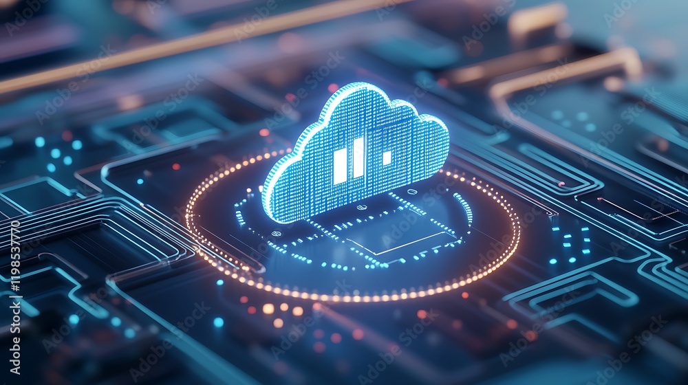 Poster futuristic cloud computing concept with data visualization on digital circuit board background