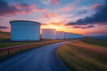 Obraz premium Sunset oil tanks, rural road, storage, landscape