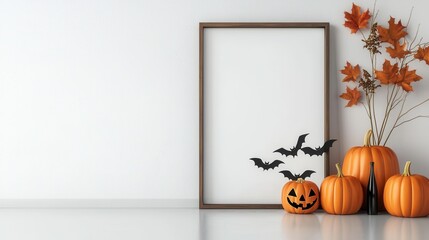 Halloween decoration featuring pumpkins and bats indoor setting minimalist style festive atmosphere