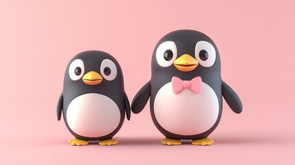 Two cute 3D rendered penguins, one wearing a bow tie, stand close, symbolizing love and friendship.