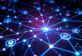 Advanced Cyber Security Network illustrated as a digital web with pulsating blue lights, surrounded by holographic displays of cybersecurity metrics.