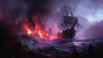 Burning Cityscape Observed From A Distant Sailing Vessel