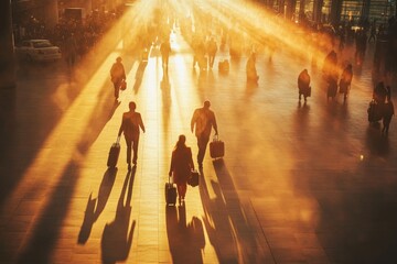 Crowded train station platform at sunrise, people with luggage walking towards light. © Adri
