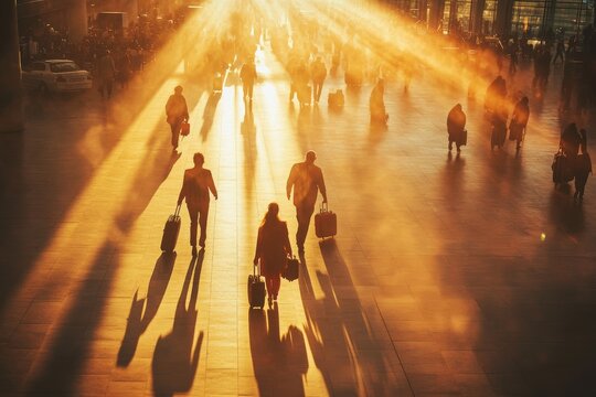 Crowded train station platform at sunrise, people with luggage walking towards light.