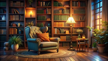 Cozy Reading Nook: Plush Armchair & Bookshelf in Elegant Interior