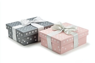 Obraz premium Two polka dot gift boxes with silver ribbon bows.