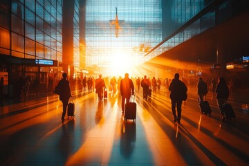 Silhouetted travelers walking through a modern airport terminal at sunset.