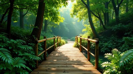 Fototapeta premium Serene Bamboo Bridge Pathway Through Lush Green Forest Canopy
