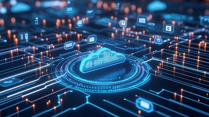 Futuristic Cloud Computing Illustration with Data Visualization and Circuit Background in Digital Technology Concept