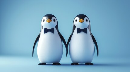 Two adorable penguins in bow ties, holding hands, symbolizing love and togetherness.