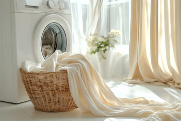 Laundry room, beige linens, washing machine, sunlight
