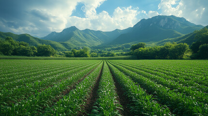 A green field with rows extends to the horizon under a cloudy sky