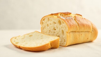 A freshly baked loaf of artisan bread, sliced to reveal its airy crumb and golden-brown crust, rests on a pristine white surface, inviting a taste of simple deliciousness.